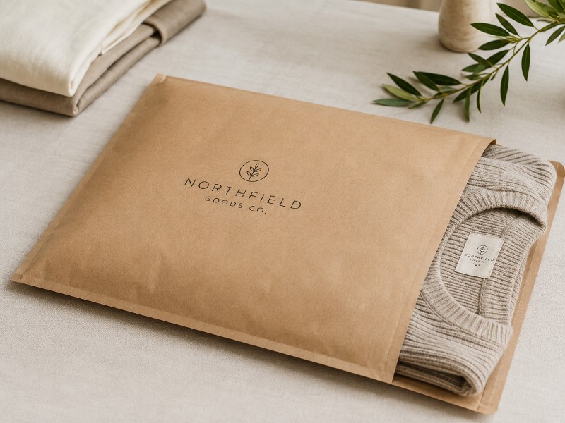 Large format kraft mailer holding folded apparel for a fashion brand